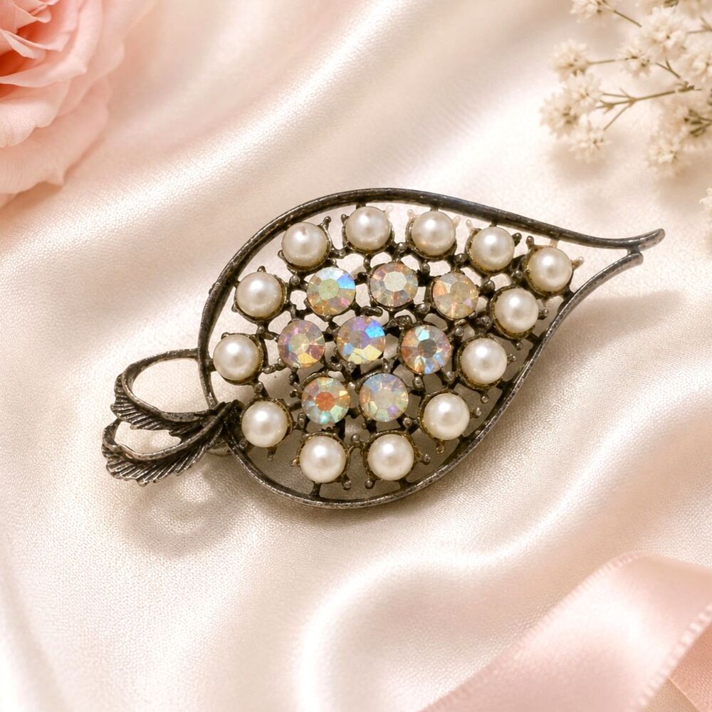 Vintage Pewter Tone Faux Pearl AB Rhinestone Leaf Brooch